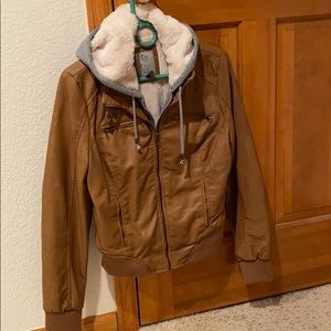 Faux leather jacket with hoodie built in